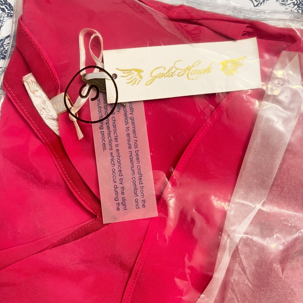 NWT Revolve x GOLD HAWK 100% Silk Hot Pink Ruffle-Detail V-Neck Midi Dress - Picture 7 of 11